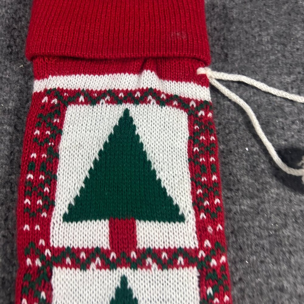 Vintage Knit Christmas Stocking Tree Red Green Yarn Crochet Pom Pom - Picture 8 of 8